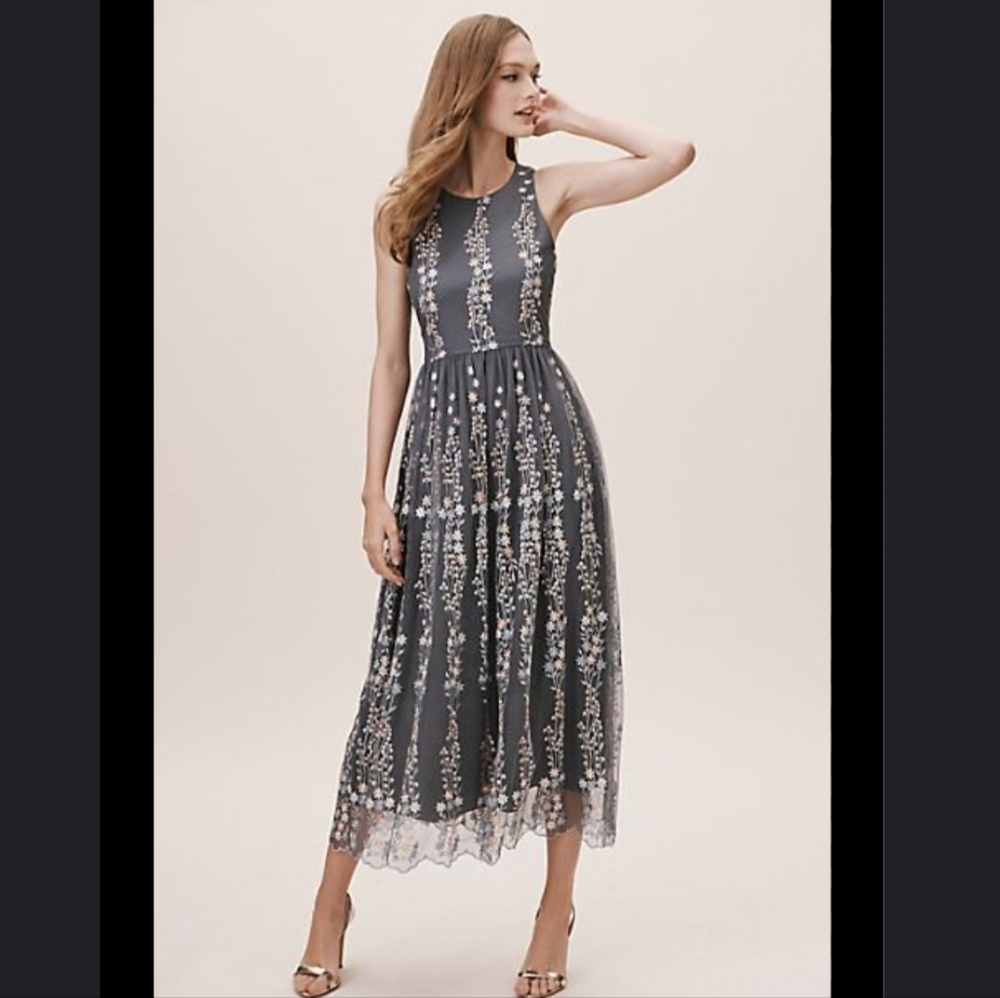 Anthropologie BHLDN Parsons Dress Size 4 Embroidered Flowers Midi Sleeveless